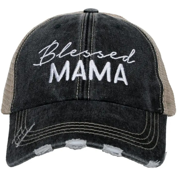 Script Blessed Mama Embroidered Black Distressed Trucker Hat - Picture 2 of 3